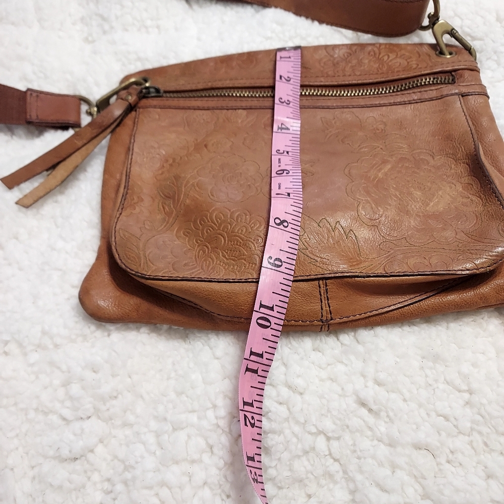 Fossil Sasha Floral Tooled Stitched British Tan Leather Crossbody Bag Boho - Picture 14 of 16